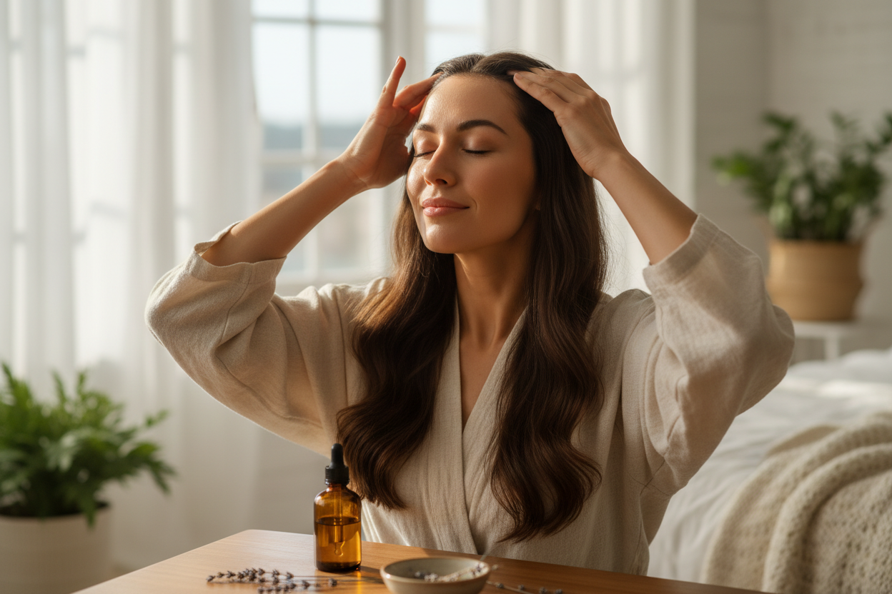 Woman aplying a hair oil in her scalp enjoying the moment
